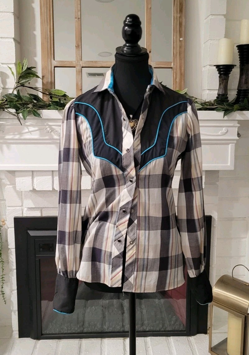 Vintage 80’s Kenny Rogers Plaid Buckle Bunny pearl snap Puff Sleeves Rodeo Top
