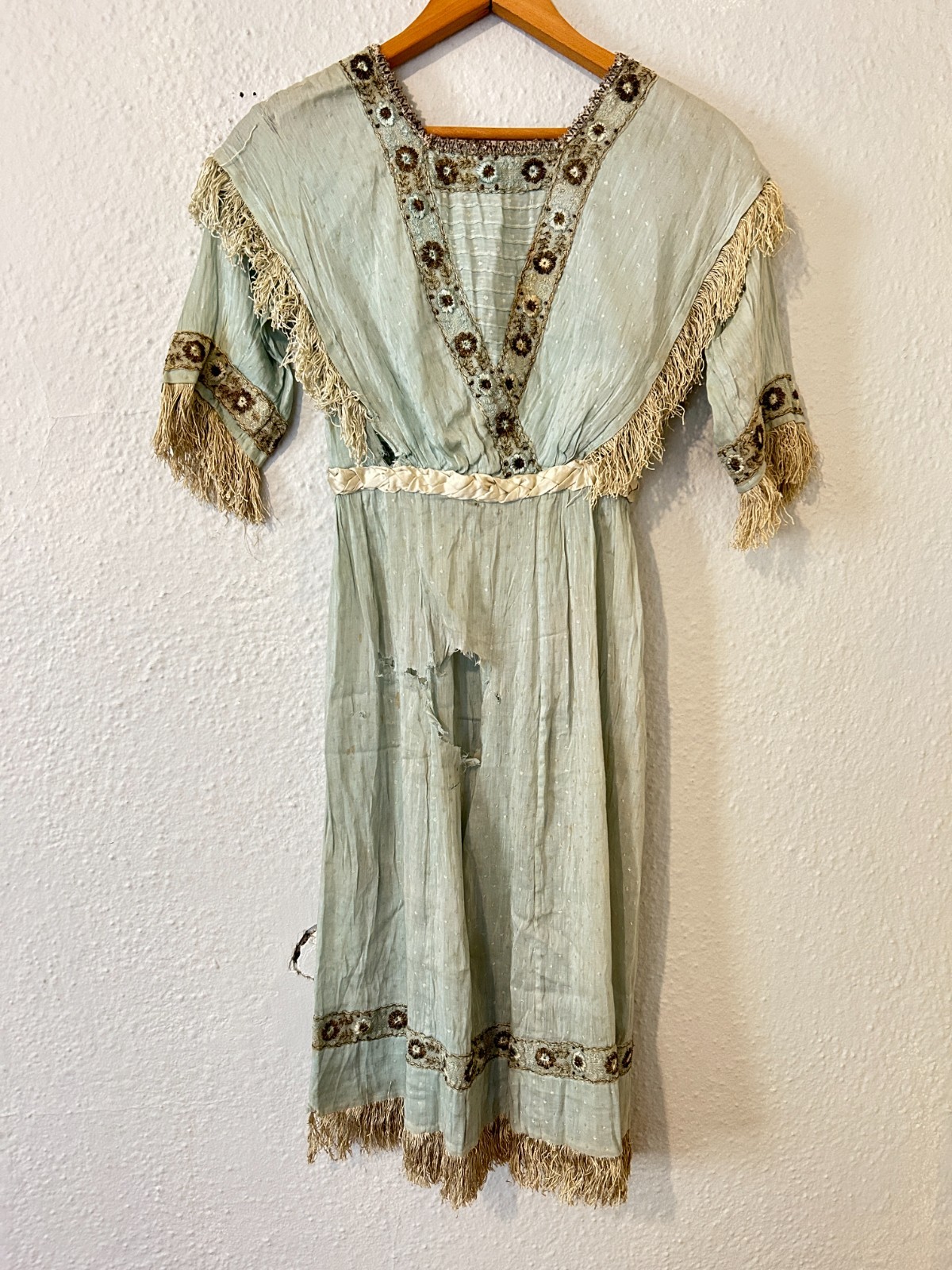 READ AS IS Antique Edwardian Blue Dress Fringe Trim Embroidered Study Fragile