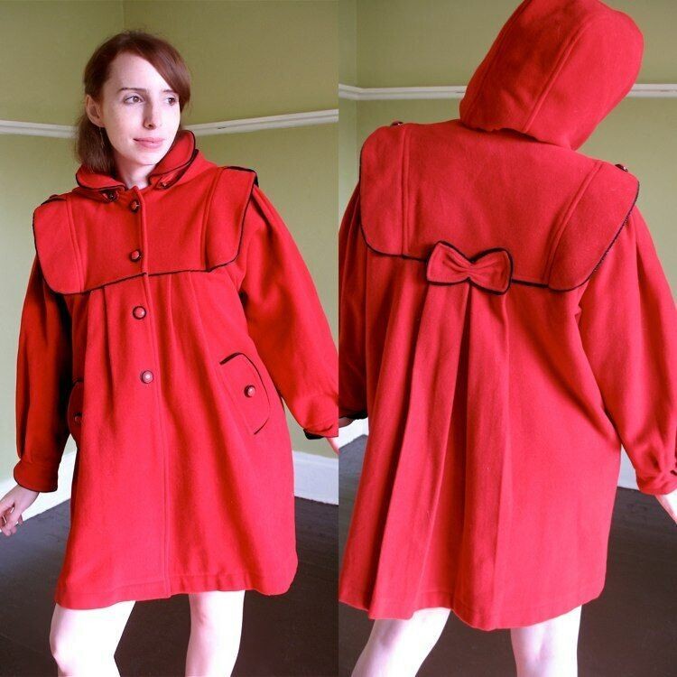 VTG Little Red Riding Hood Wool Coat Incredible Pleating & Details Blk Trim S M