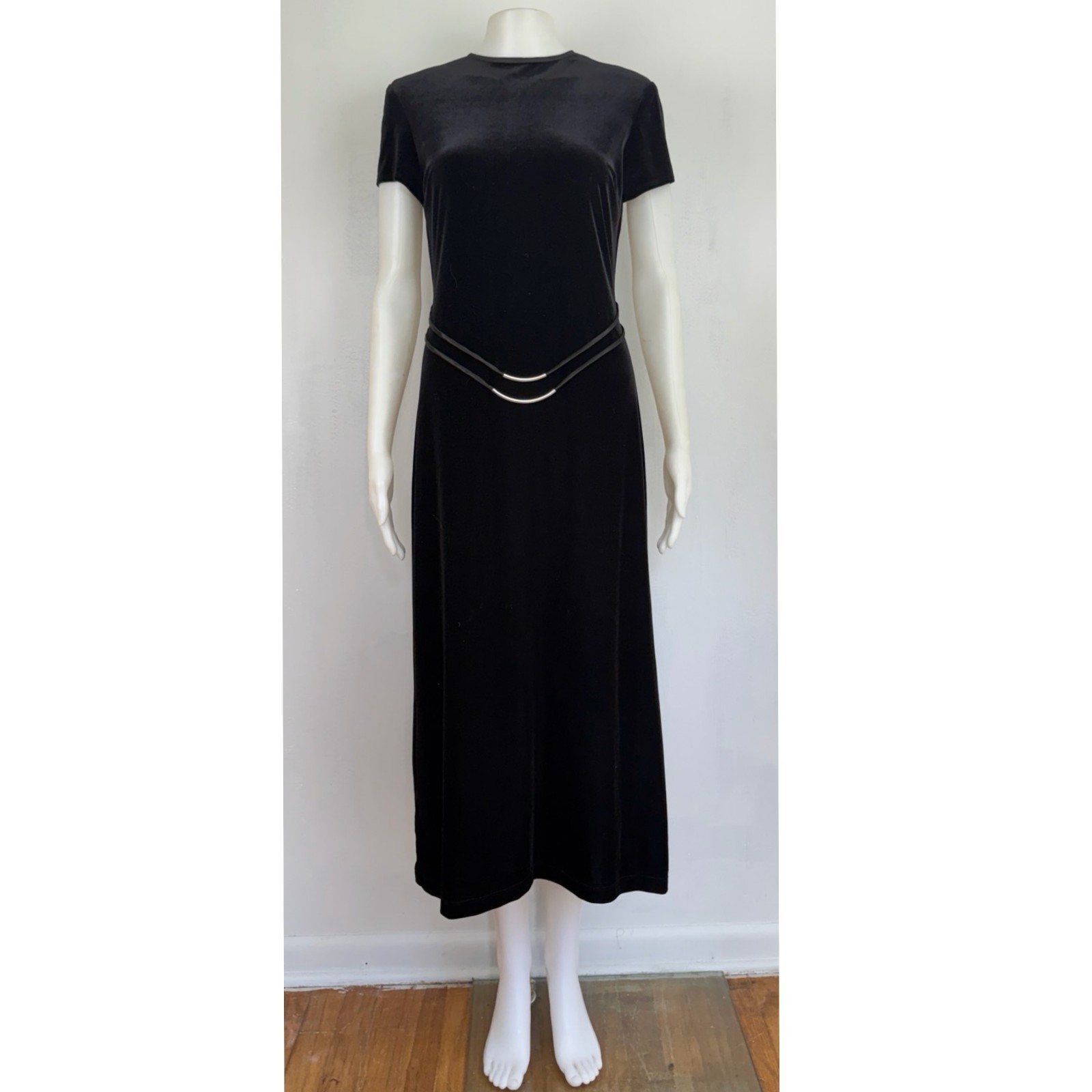 Vintage Black Crushed Velvet Midi Dress with Belt Detail Size Small Satin Trim