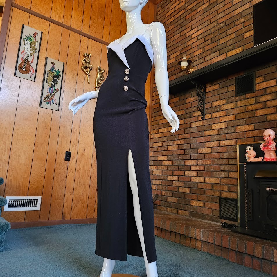 Vtg 90s Cache Tuxedo Plunging Evening Cocktail Party High Slit Wiggle Dress S/M