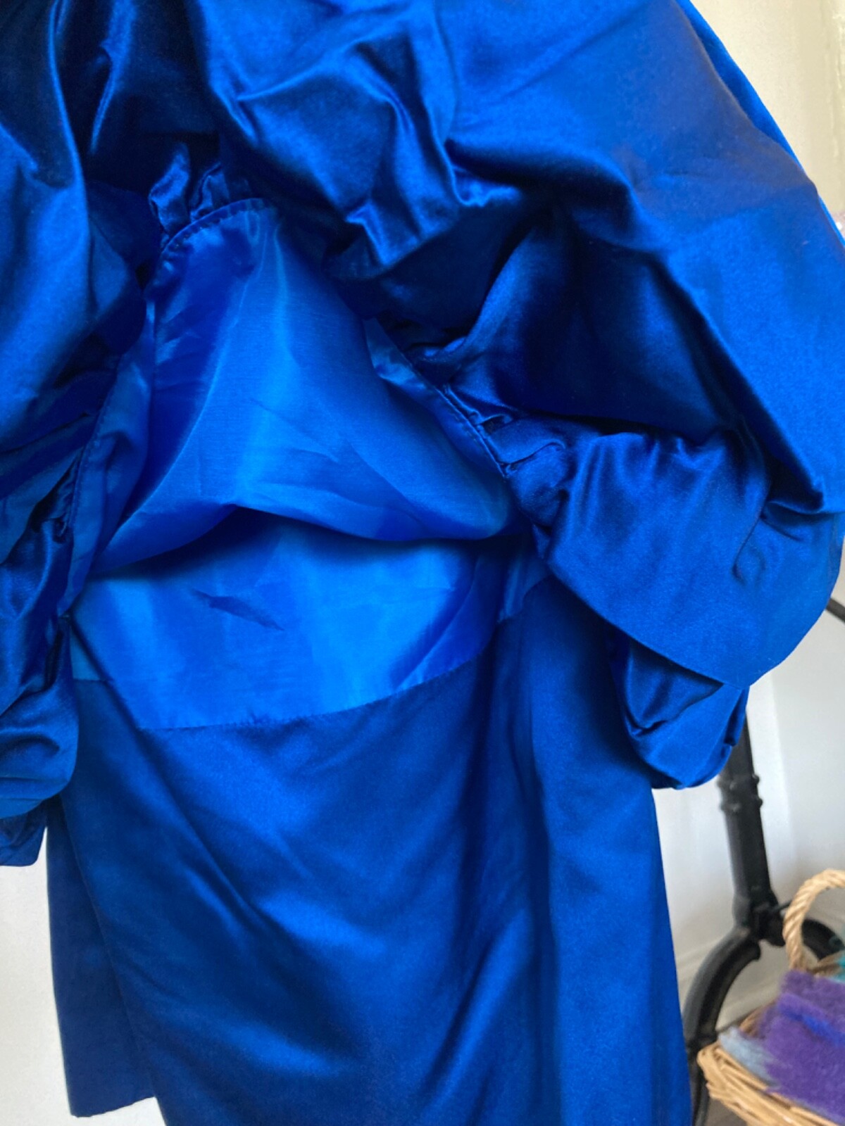 Vintage CACHE Peacock Blue Silk Bubble COCKTAIL Dress Rhinestones Strapless 36