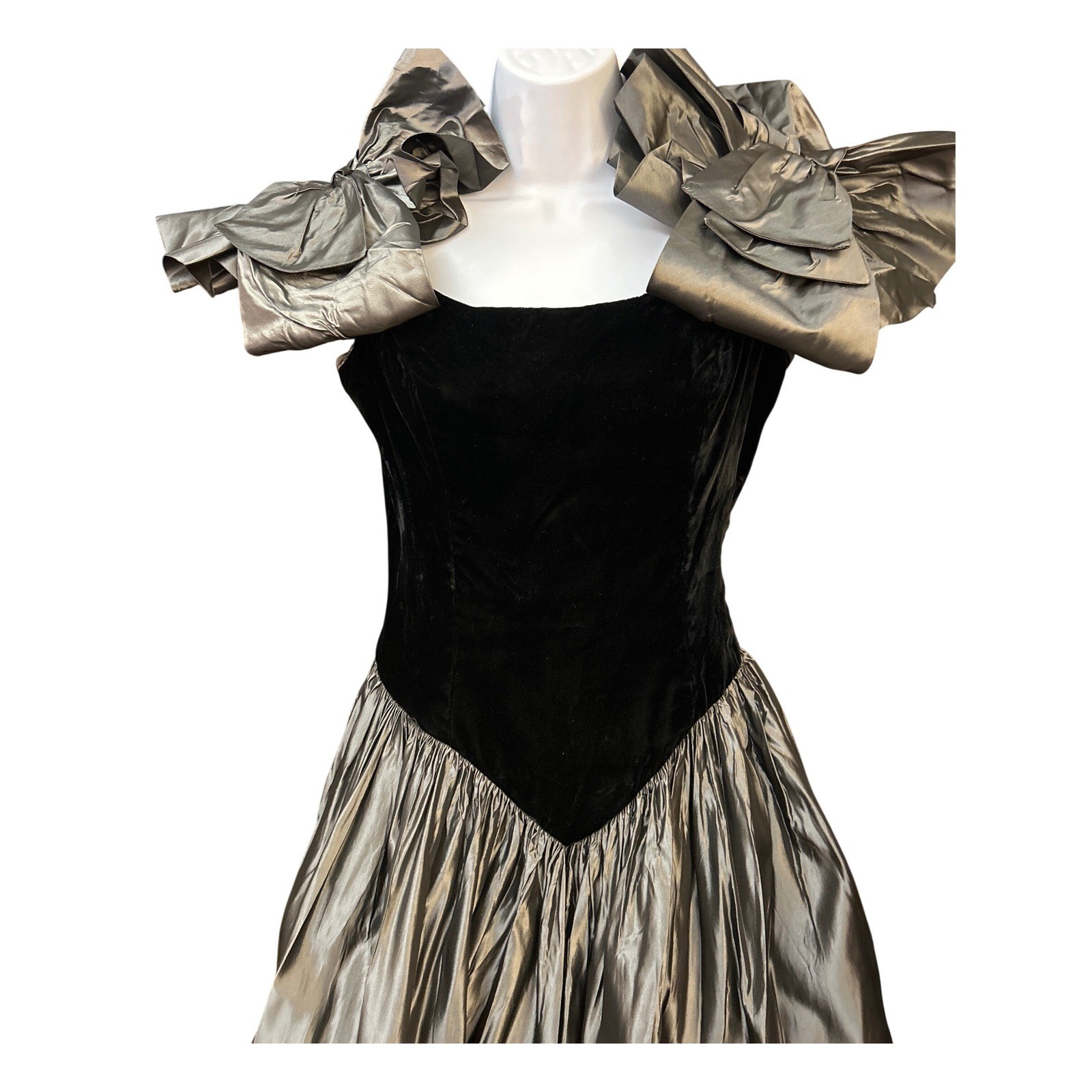 80s Vintage Velvet Taffeta Statement Dress Bows Prom Cocktail Metallic Dramatic