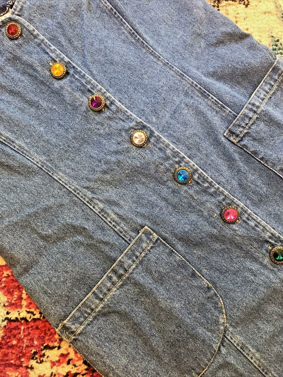 Vtg In Charge Sz L Denim Jumper Sleeveless Jewel Button Down Dress HO