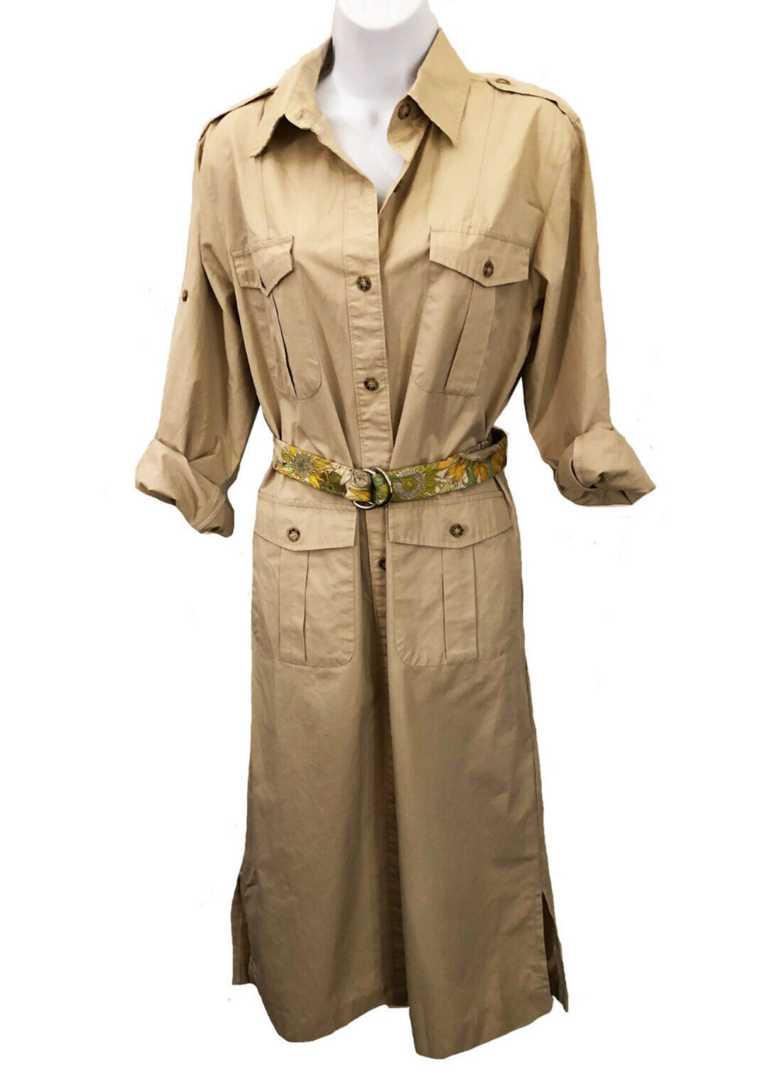 Rare Orig Banana Republic 1970s 100% Cotton Epaulettes Khaki Safari Dress sz 12