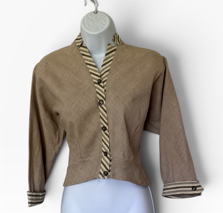 Vtg 70s Alex Coleman California Striped Trim Blouse S Lagenlook Beige Cotton