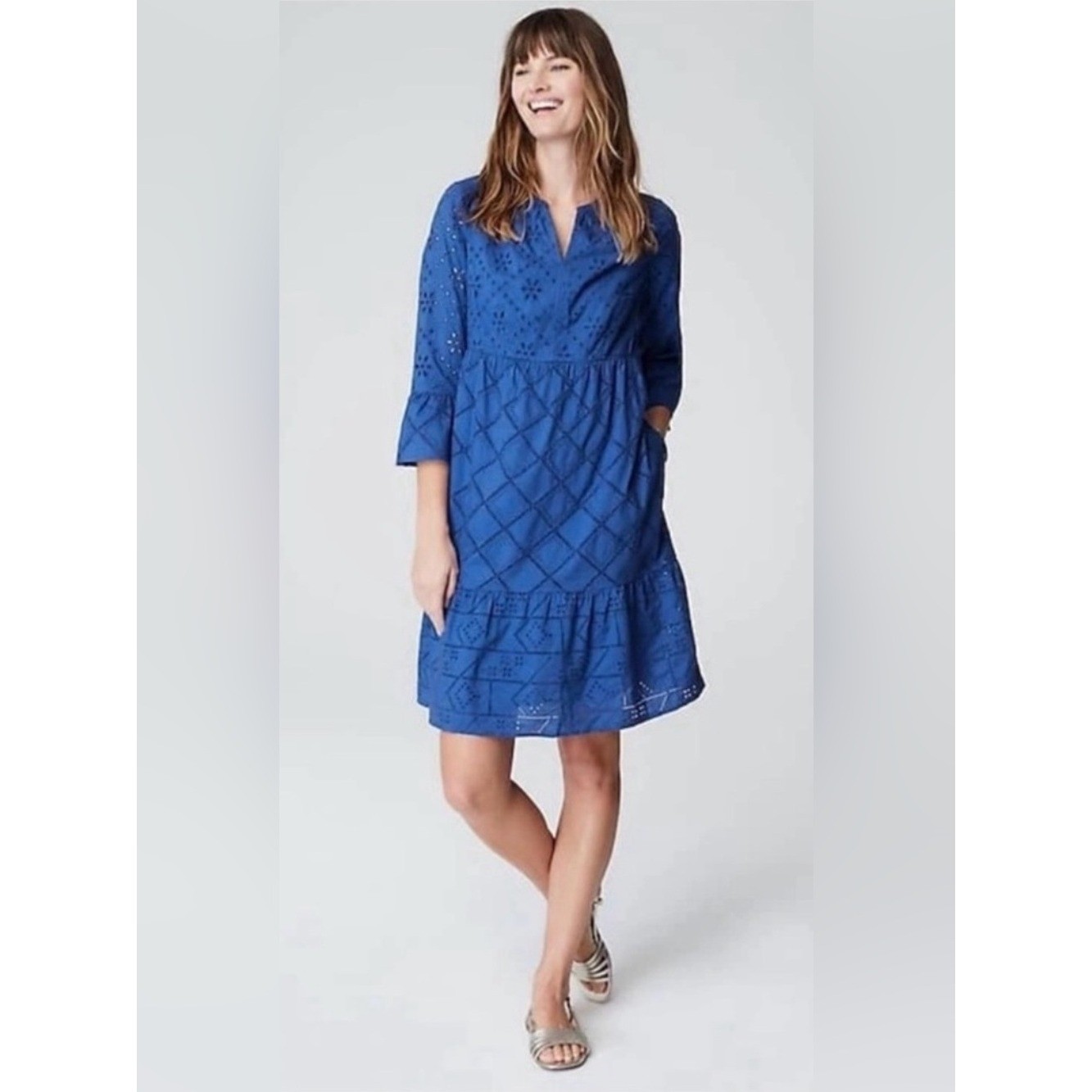 J. Jill Blue Eyelet Embroidered Tiered Cotton Dress Size L