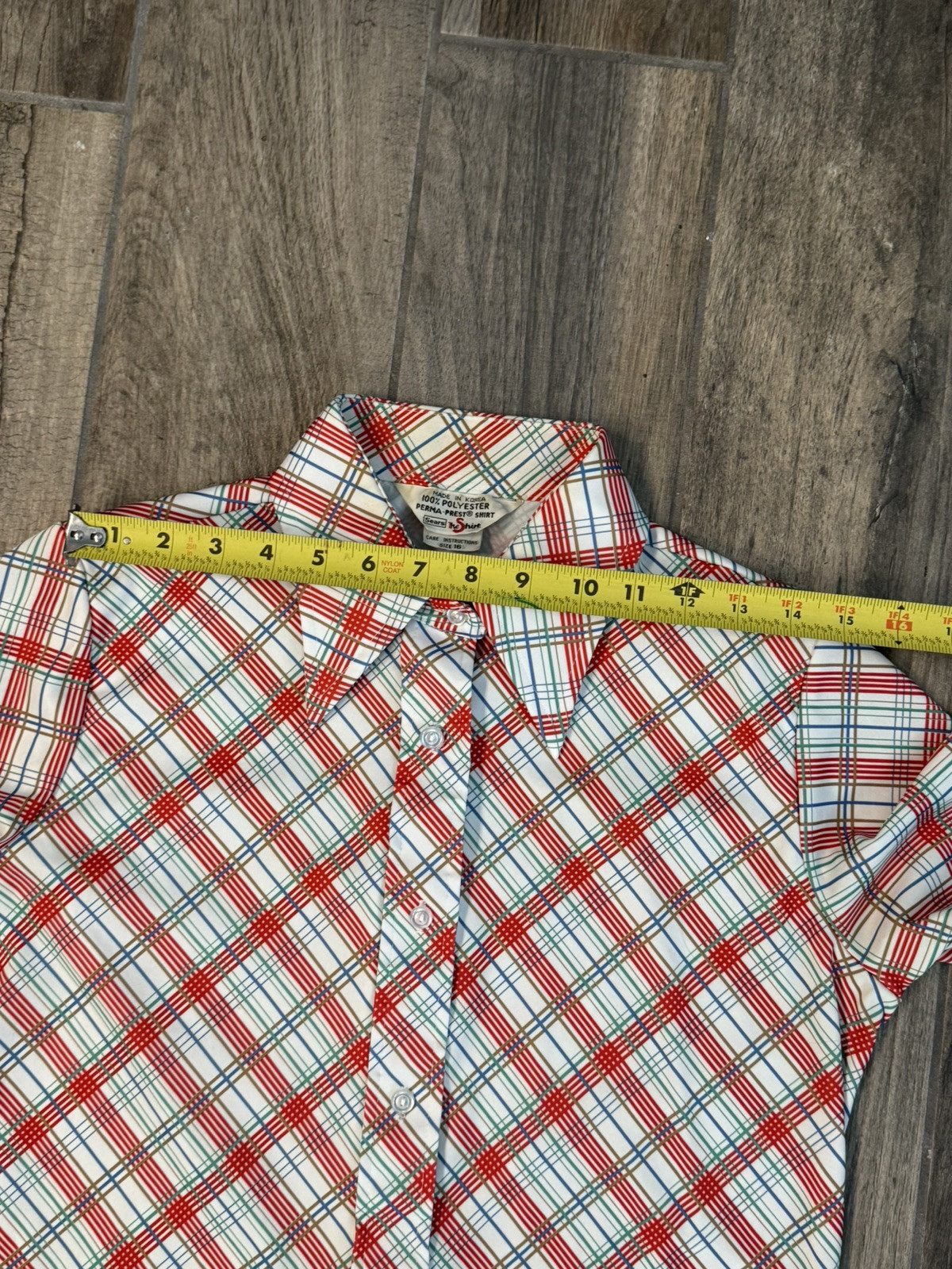 Rare Vintage 1960s70s Sears Perma Prest Shirt-Red, White, Blue Plaid W Med 16