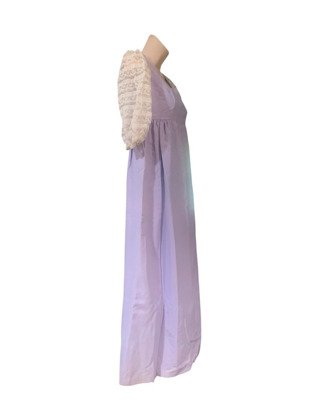 Vntg 60’s empire waisted regency lace puff sleeved lavender maxi dress sz xs
