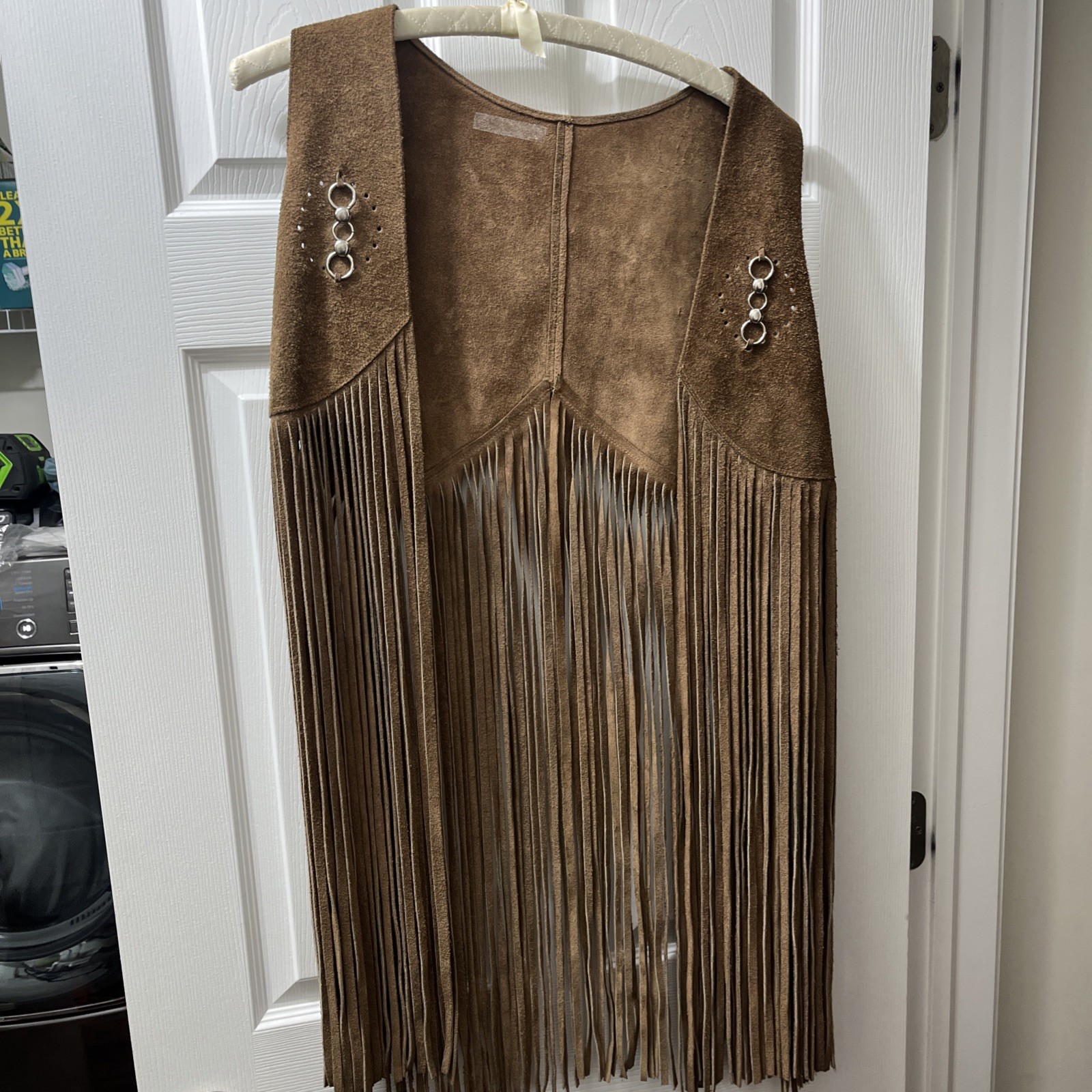 Vintage 70s Tandy Leather Fringe Vest L Long Duster Suede Western Boho O-Ring