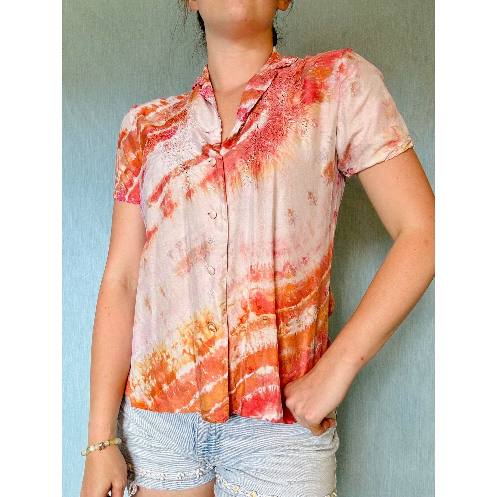 Shibori Dyed Vintage Silk Blouse Orange Pink Button Up Reworked Tie Dye Upcycled