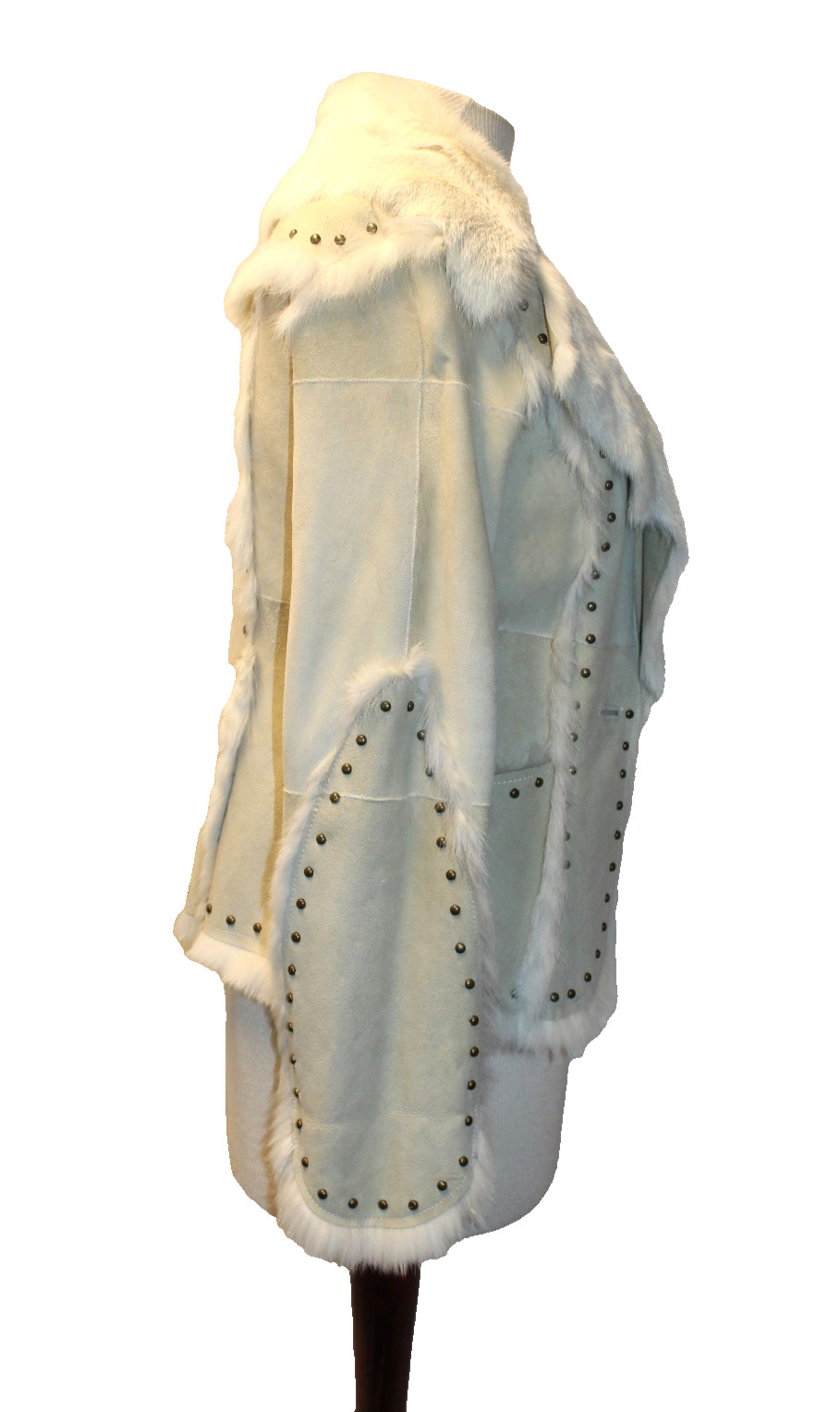 SHERI BODELL CREAM SUEDE LEATHER & FUR JACKET W/ GROMMET STUDS ACCENT ONE BUTTON