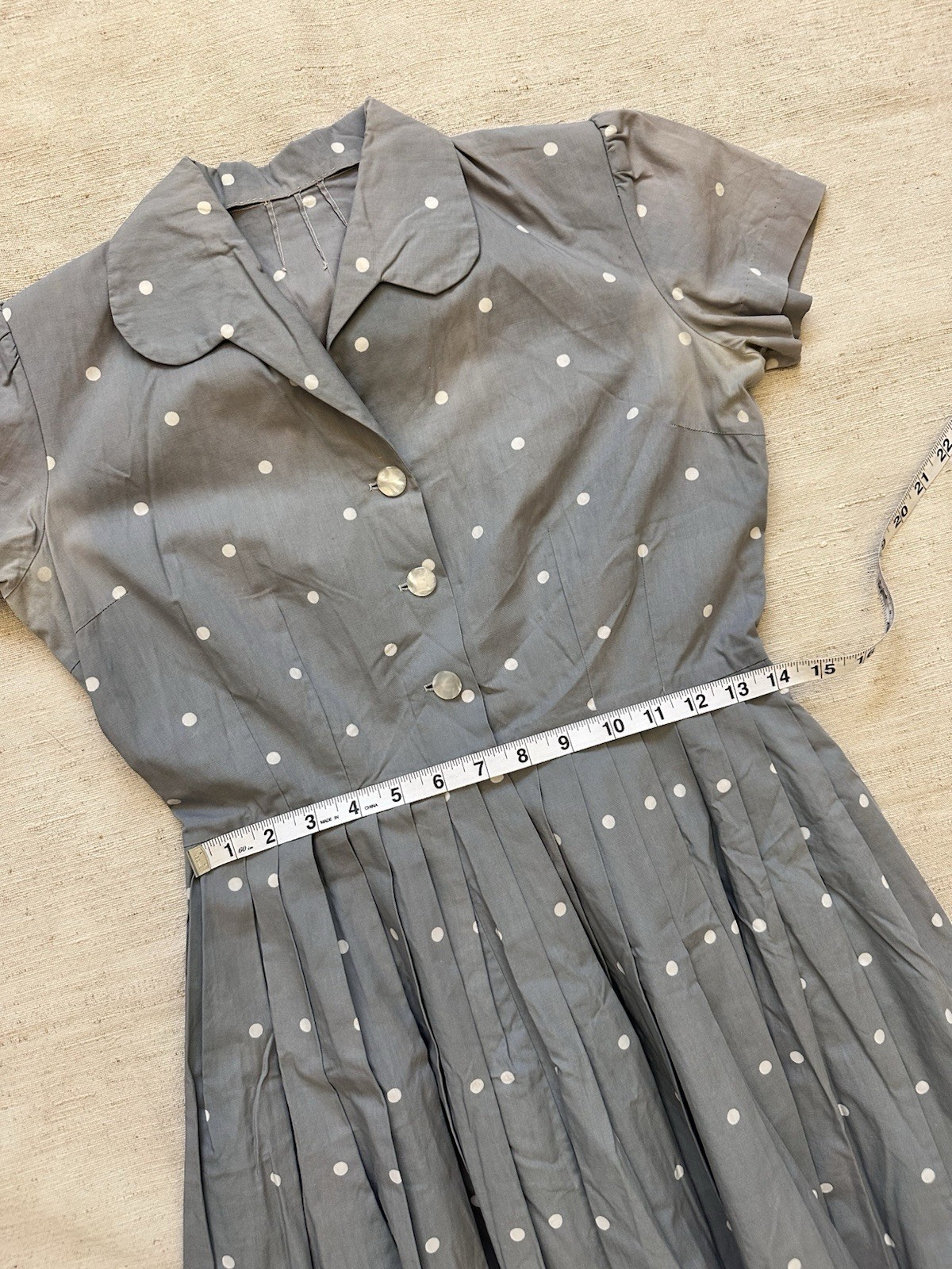 1950s Vintage Handmade French Cotton Farm Chore Dress Polkadot Grey Faded Small