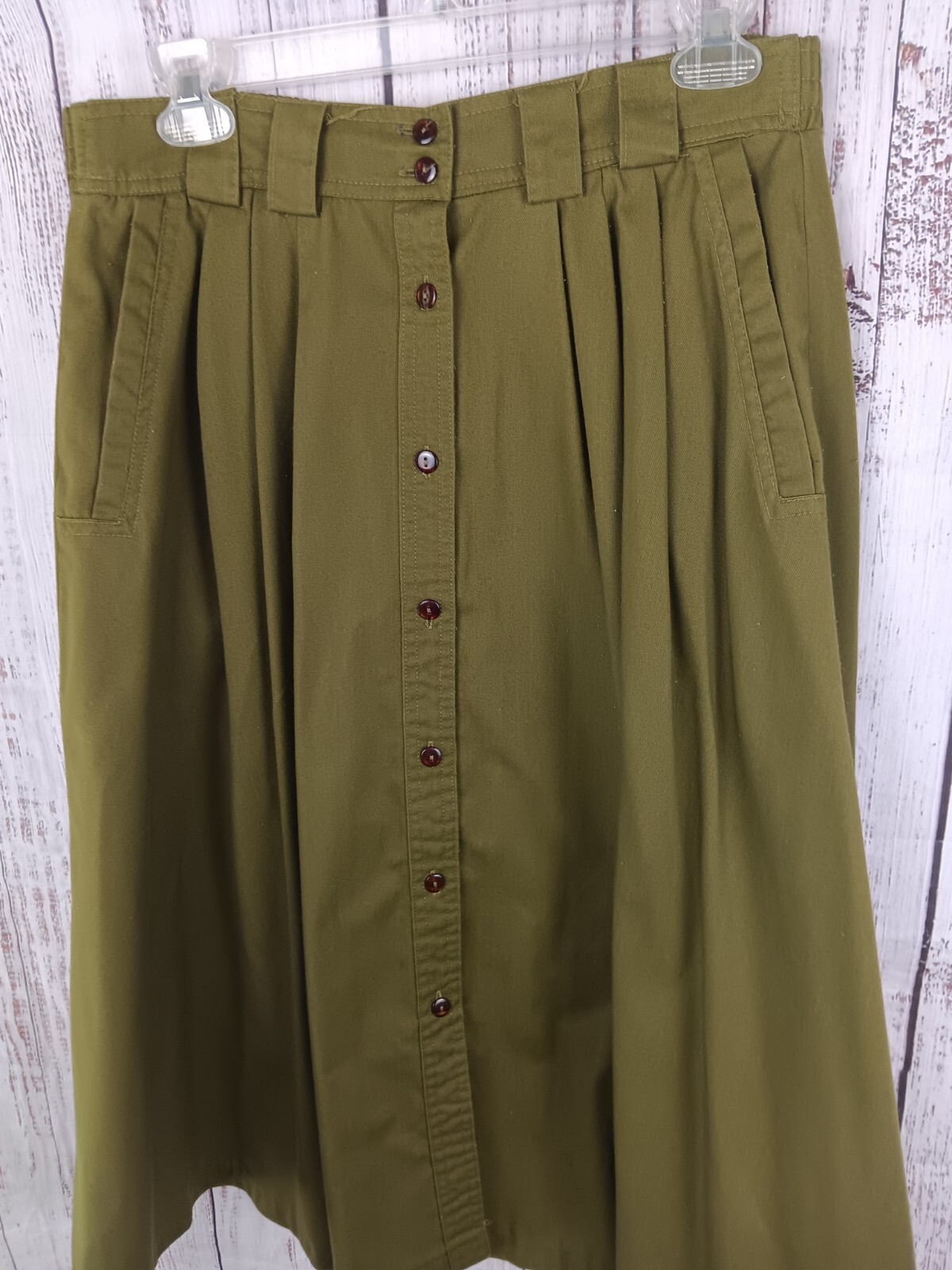 Allison Smith Button-Down Midi Skirt 8P Green Pockets Modest Fall Button Up VTG