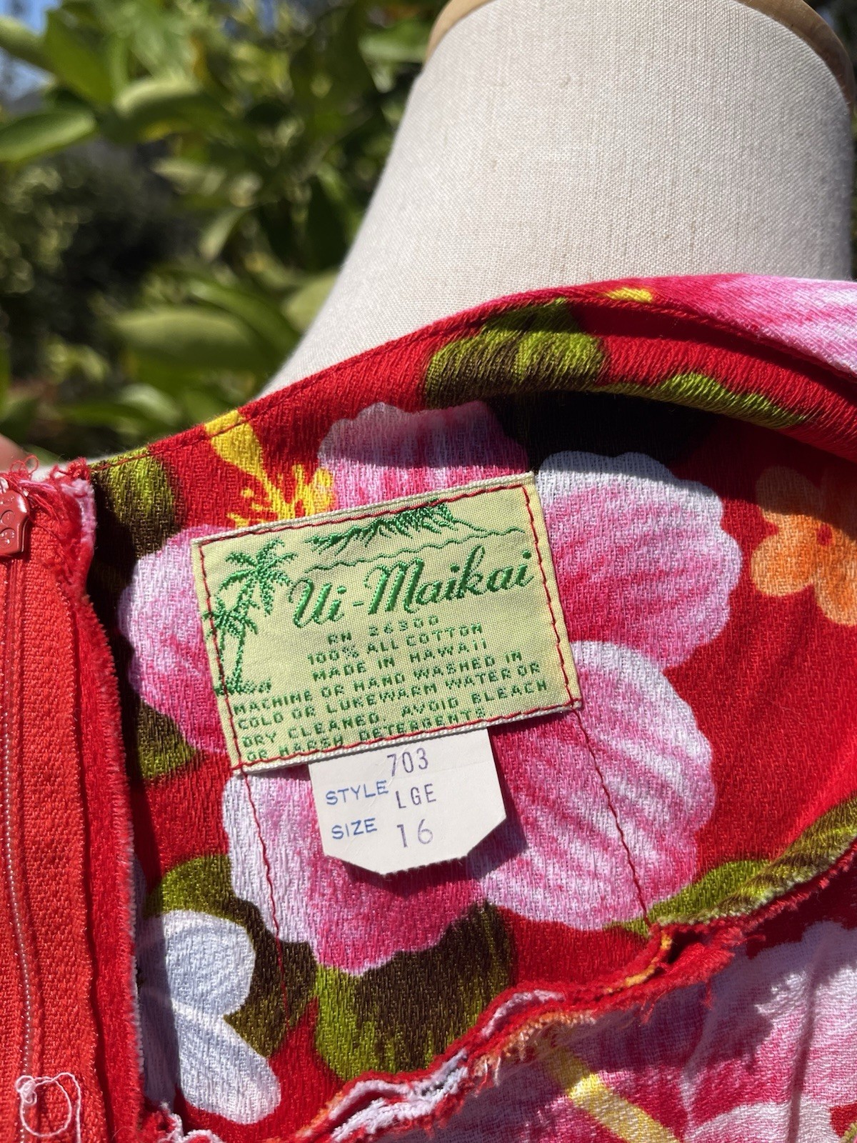Vintage 60s 50s Ui-Maikai Red Hawaiian Maxi Dress Pink Hibiscus Floral Cotton LG