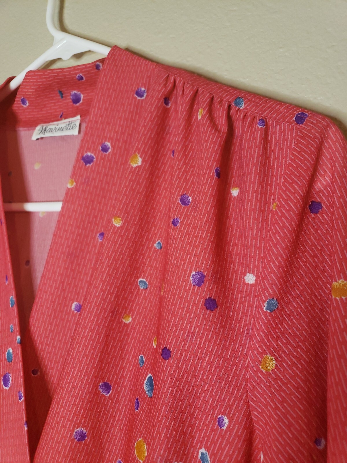 Vintage Mavinette Women’s Coral Dotted Long Sleeve Pleated Faux Wrap Dress