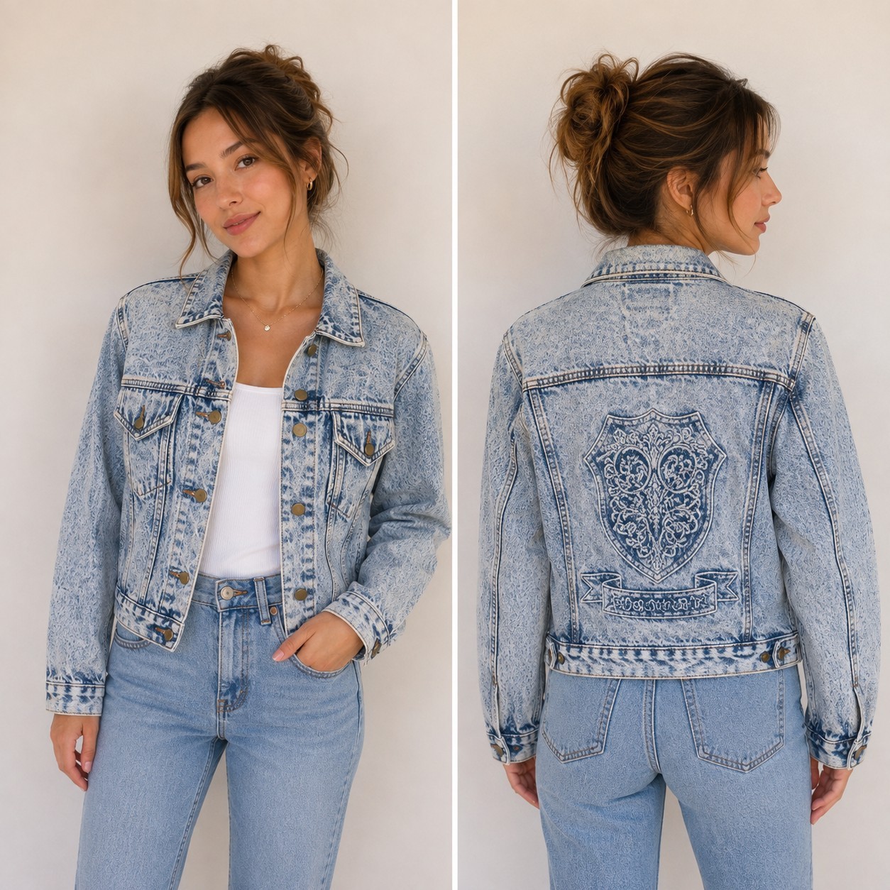 Vintage 80s Acid Wash Jean Jacket Embossed Floral Crest Denim Trucker Small / M