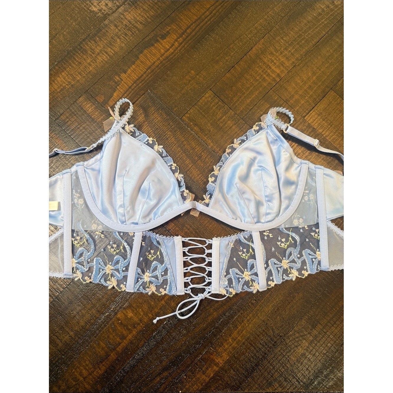 For Love & Lemons Belle Bow Bustier Blue Floral Lace-Up NWT