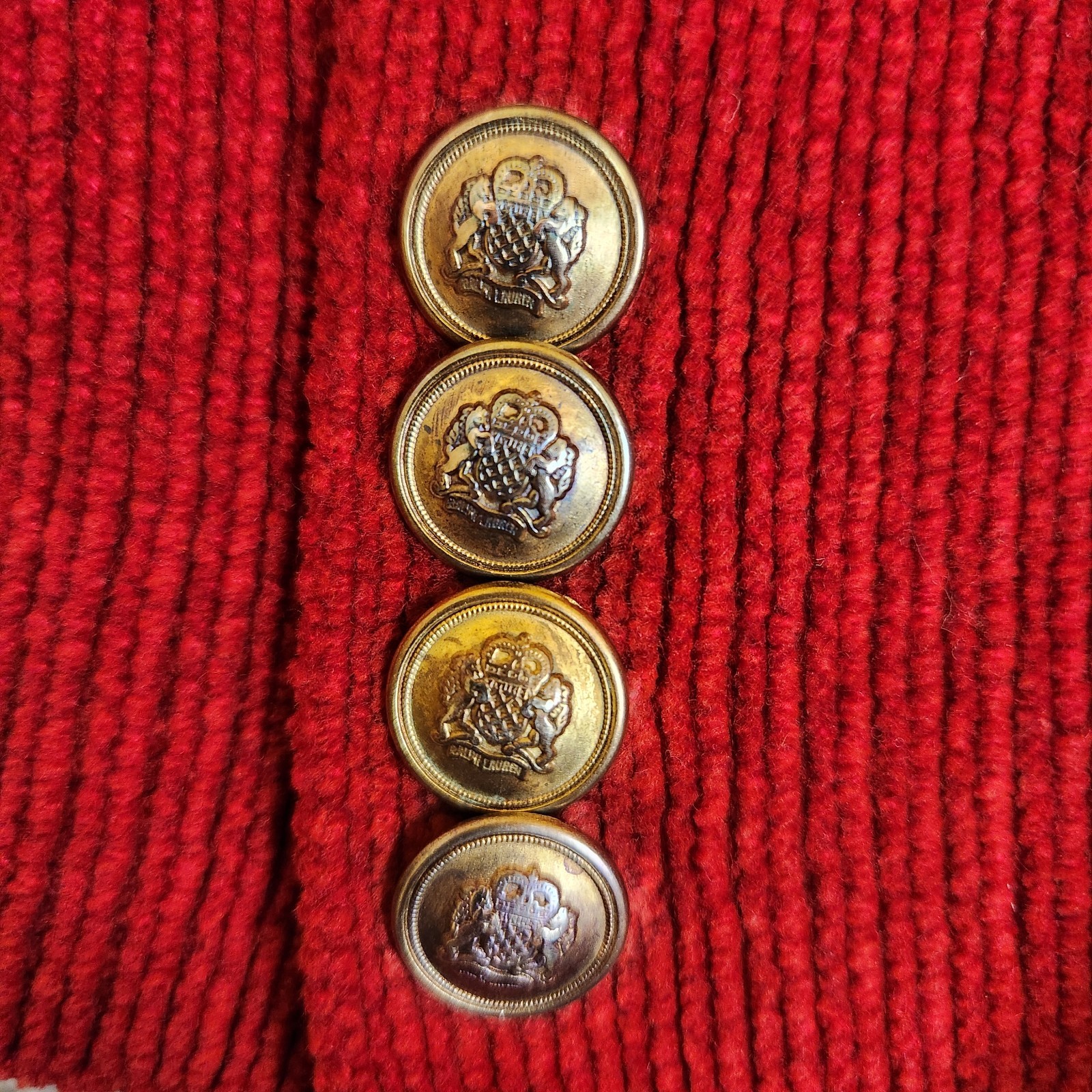 Vintage 80s Ralph Lauren Women’s Large Cardigan Sweater Blazer Red Crest Pockets