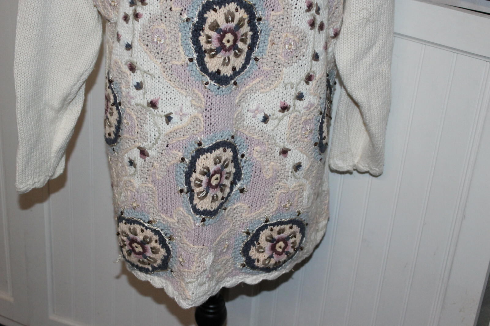 Vtg Jennifer Reed Hand Knit Long Crew Floral Medallion Embroidered Sweater XL