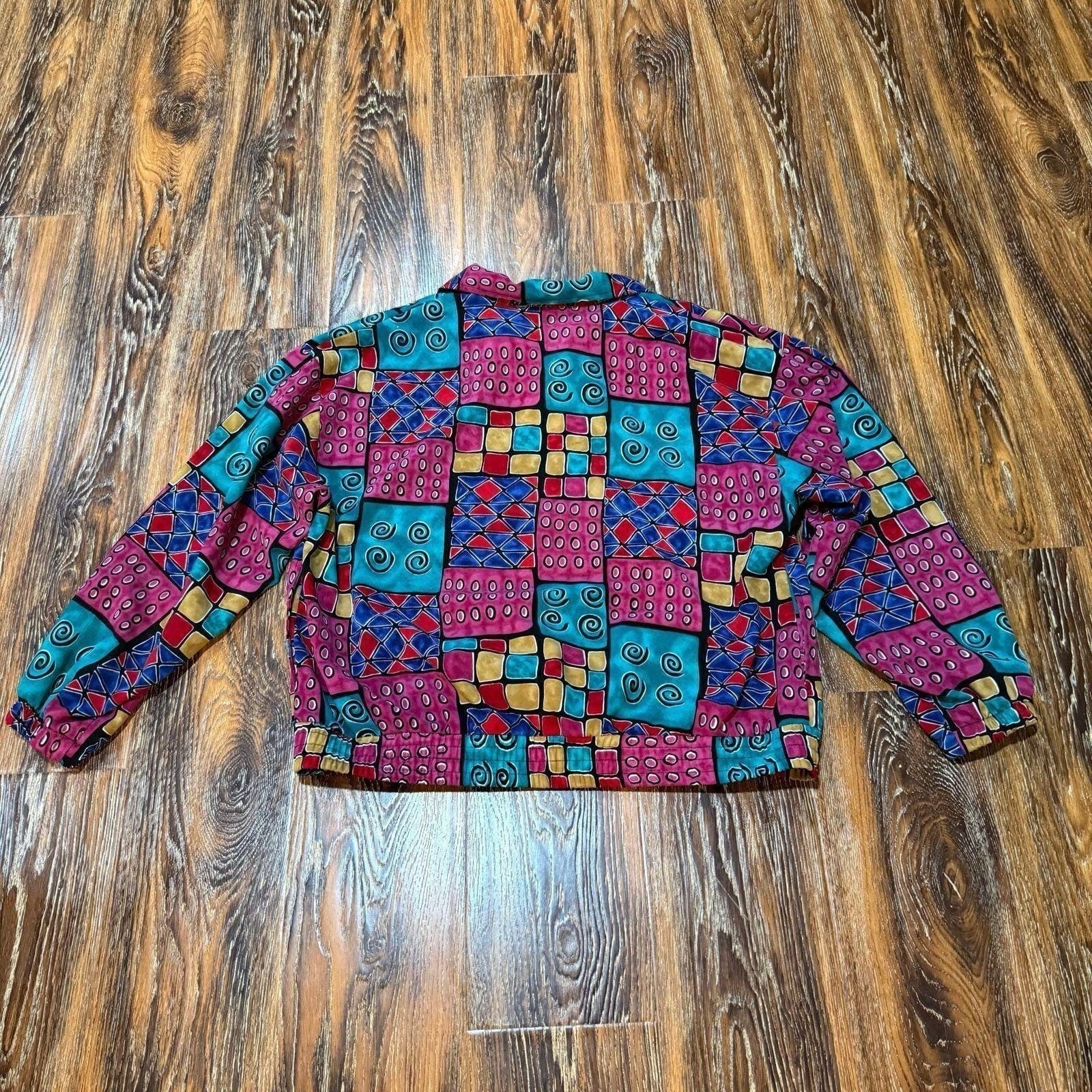 Erin London Vintage Geometric Patchwork Zip Bomber Jacket Multi Color Womens XL