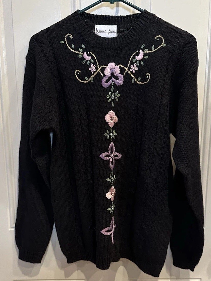 Naomi Bee Vintage 1980’s Beaded Floral Embroidery Sweater Black Size S