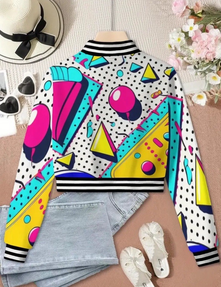 Woman’s Retro Baseball Jacket 80’s, 90’s Vibrant Colors Size Medium Cropped