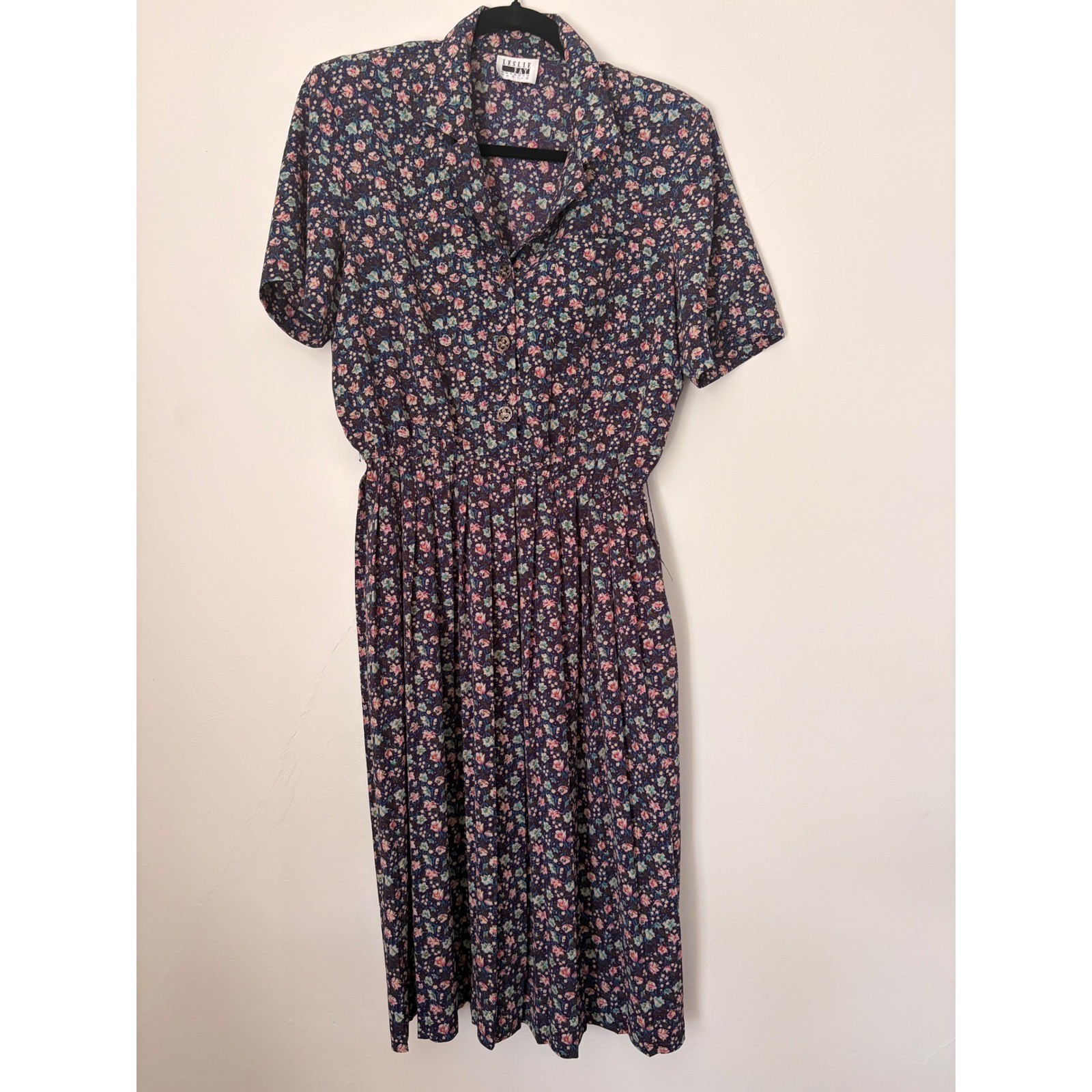 Leslie Fay Vintage Floral Midi Dress Purple Pink Short Sleeve Elastic Waist