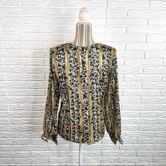 Vintage Nicola Animal Print Pleated Shirt Size 8 Leopard Gold Black Cream