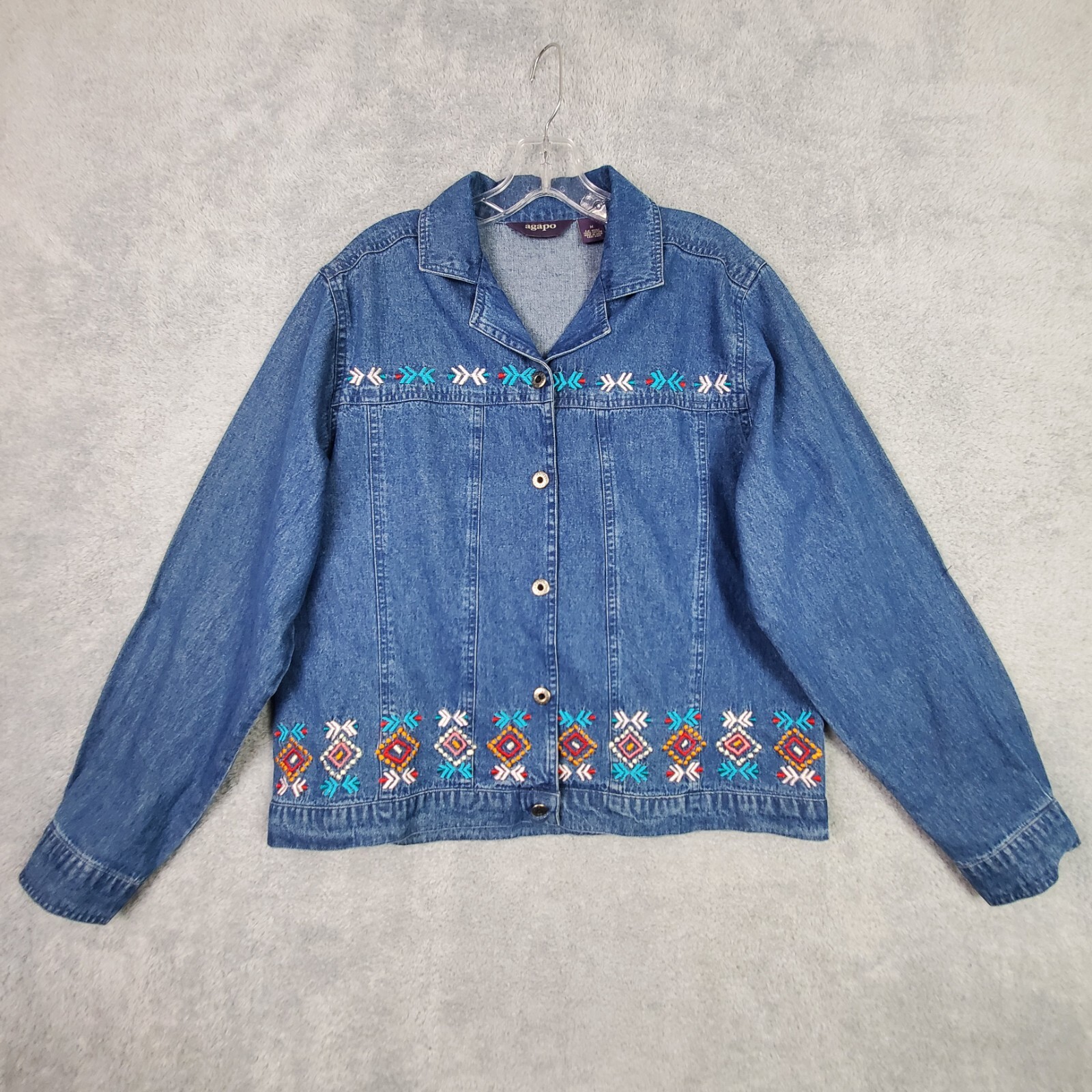 Vtg 80s Agapo Womens Denim Jacket M Blue Southwestern Aztec Navajo Embroidered