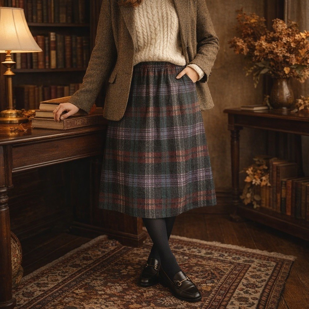Wardrobe Maker Vintage 70s Plaid A-Line Skirt USA Elastic Waist Academia