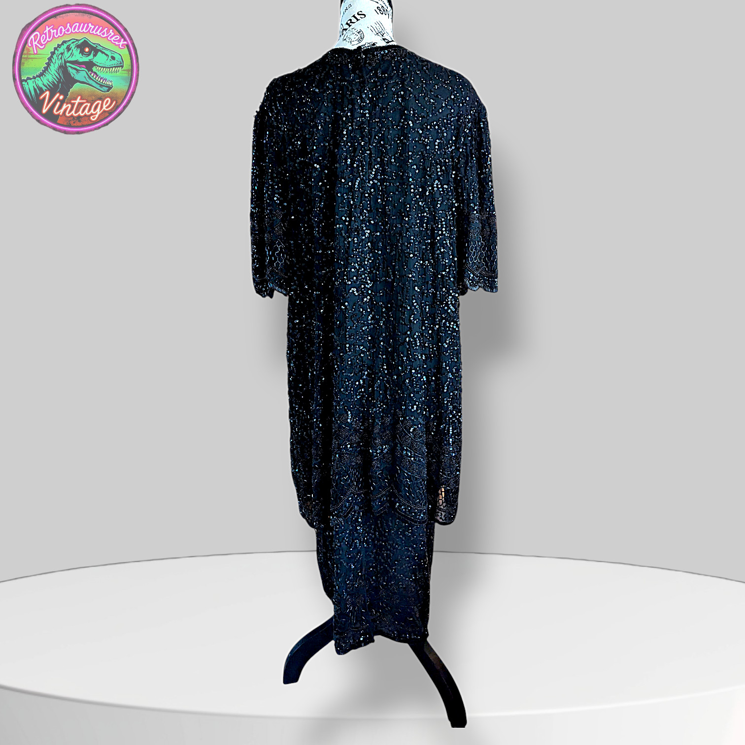 Vintage Bombshell Glam Silky Nites Beaded Sequin Black Gown, 2X Plus