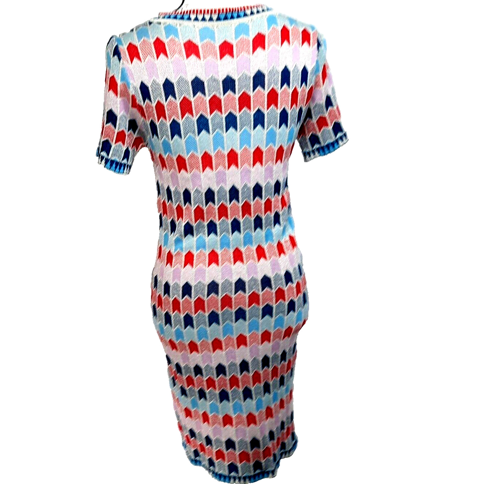 Vintage 60s MOD Geometric Silver Metallic Knit Dress Medium Red Pink Blue Retro