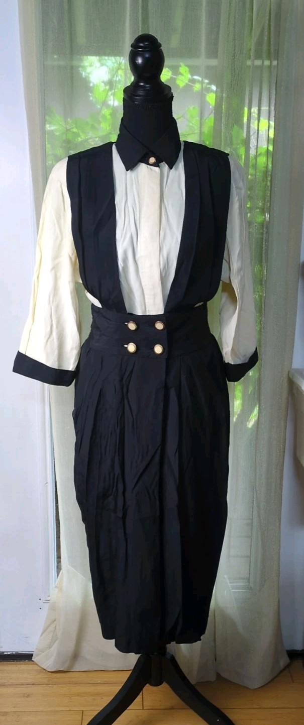 Vintage Dawn Joy Fashions Two Piece Blouse Pinafore Dress, Black , Cream
