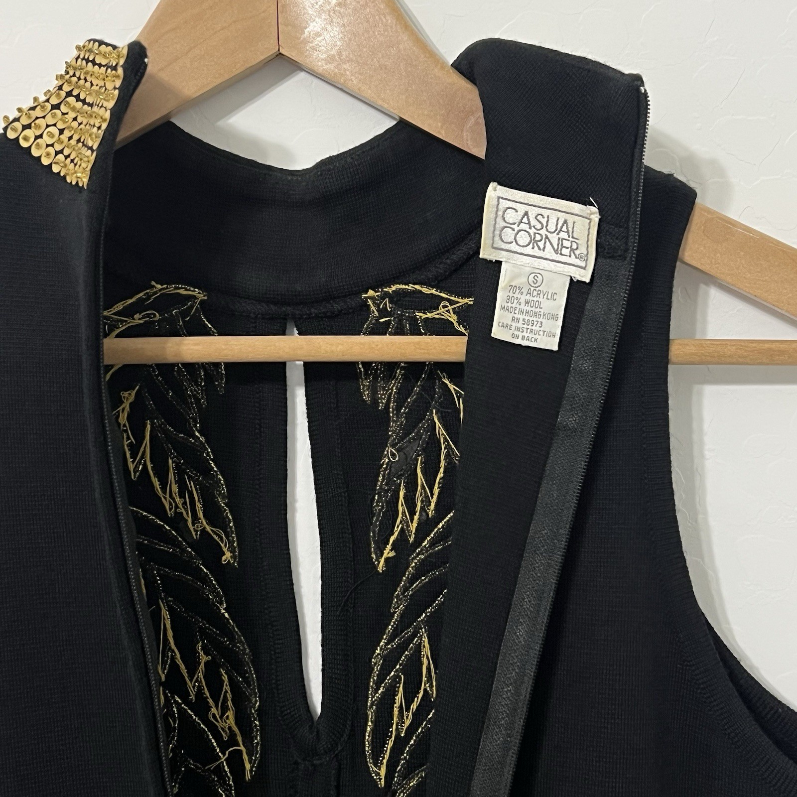 Vintage 80’s Casual Corner Gold Sequin Leaf Dress | Grecian Choker Wiggle Midi