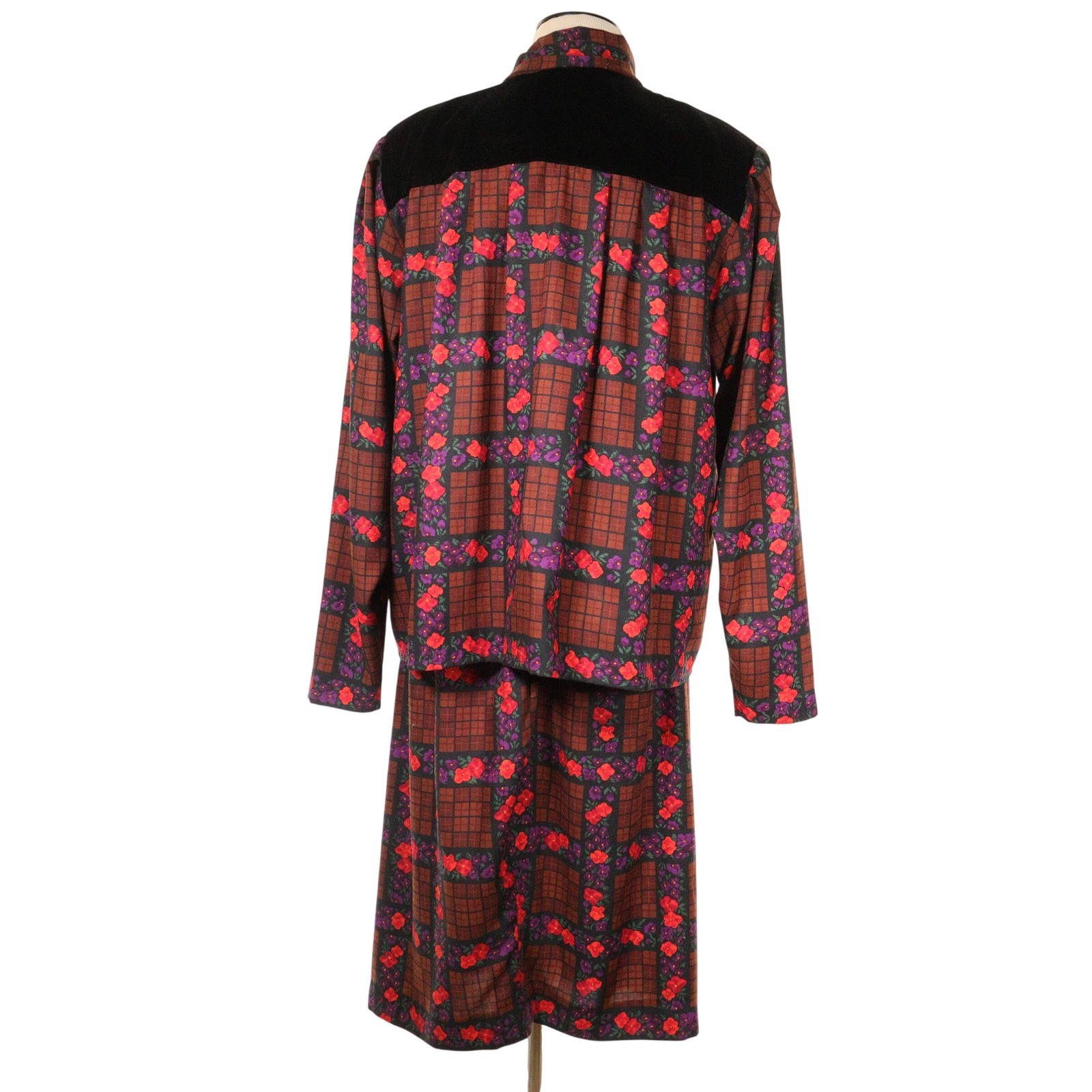 Vtg Oscar de la Renta Miss O Skirt Suit Floral Brown Plaid Velvet Trim Women 8