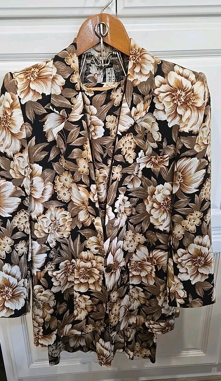 VTG JH Collectibles 3 Pc Petite Linen Blend Floral Blazer Top Midi Sz 4 USA EUC