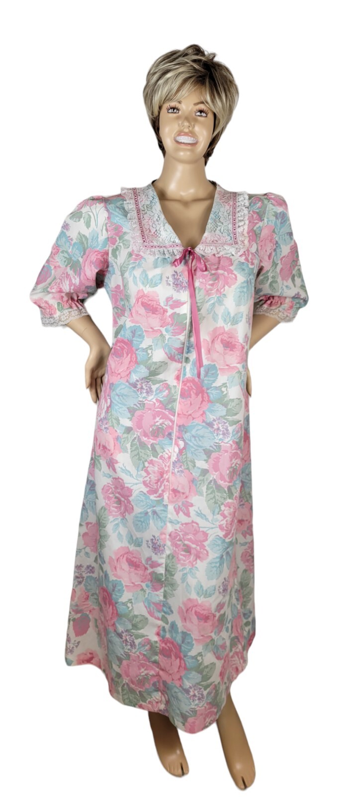 Vintage Wolverine Zip Dressing Gown Robe Pastel Floral Peter Pan Lace Collar L