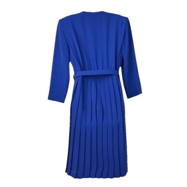 Leslie Fay Pleated Dress Women 12P Blue Vintage 80s Belted Midi Career