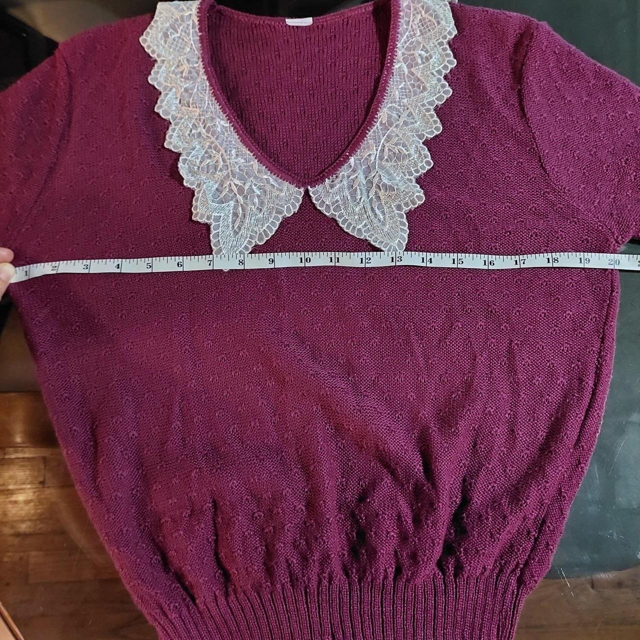 Vintage short sleeve reddish purple sweater with lace collar detail.