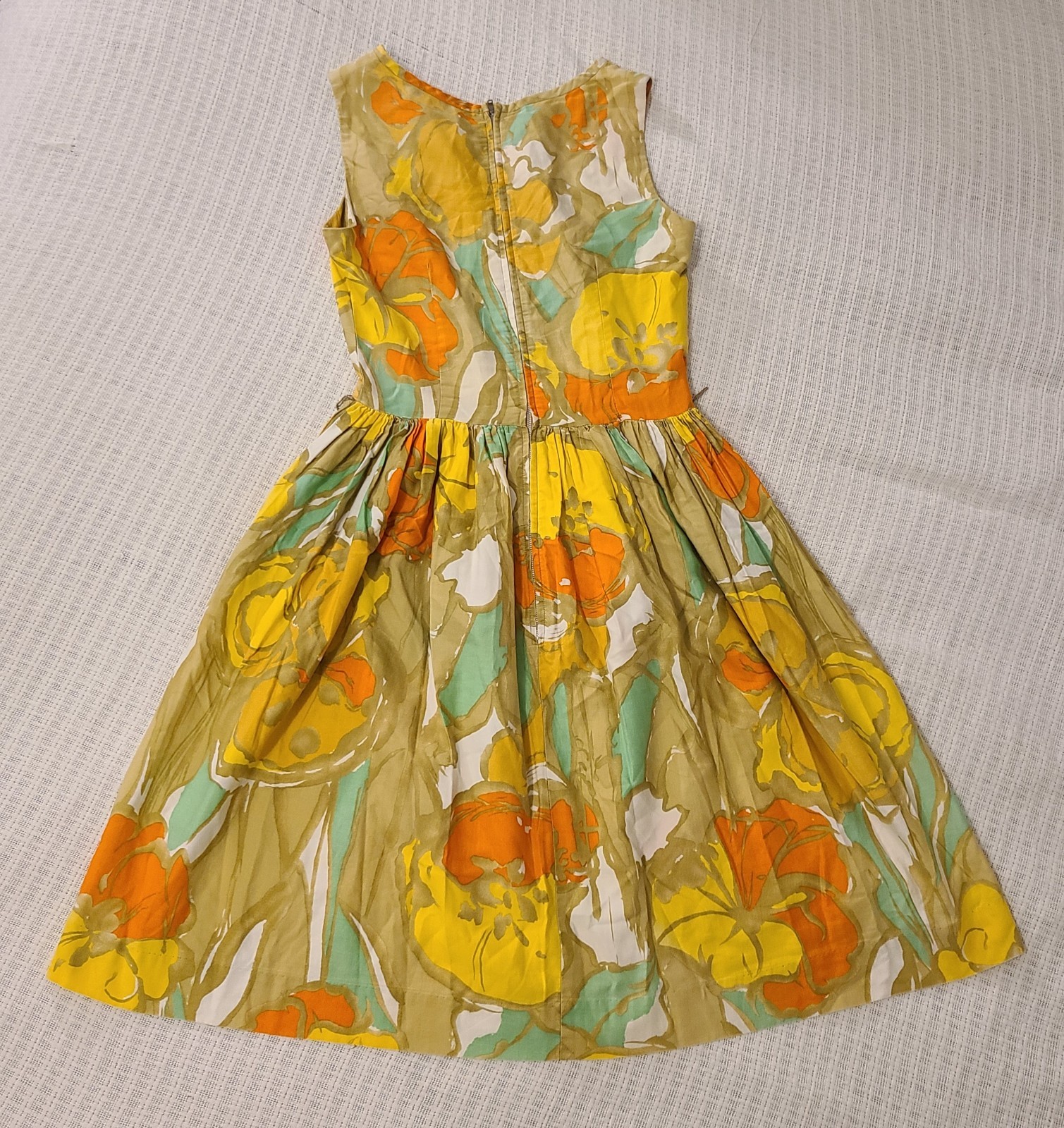 Vtg 60’s Loungecraft Original Floral Cocktail Dress XS Yellow Orange Tan Mad Men
