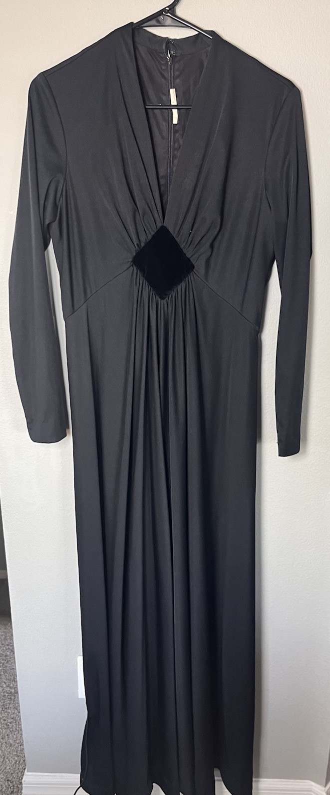Vintage 70s ILGWU Black Maxi Dress Long Sleeve Velvet Gothic LBD Union Made