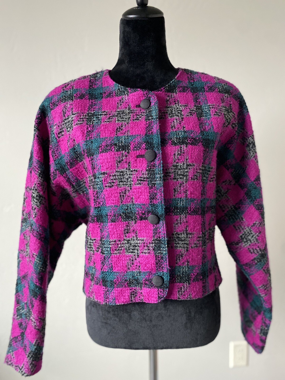 mr. jax Womens Blazer SIZE 12 Magenta Plaid Wool Dolman Sleeve Made in Canada