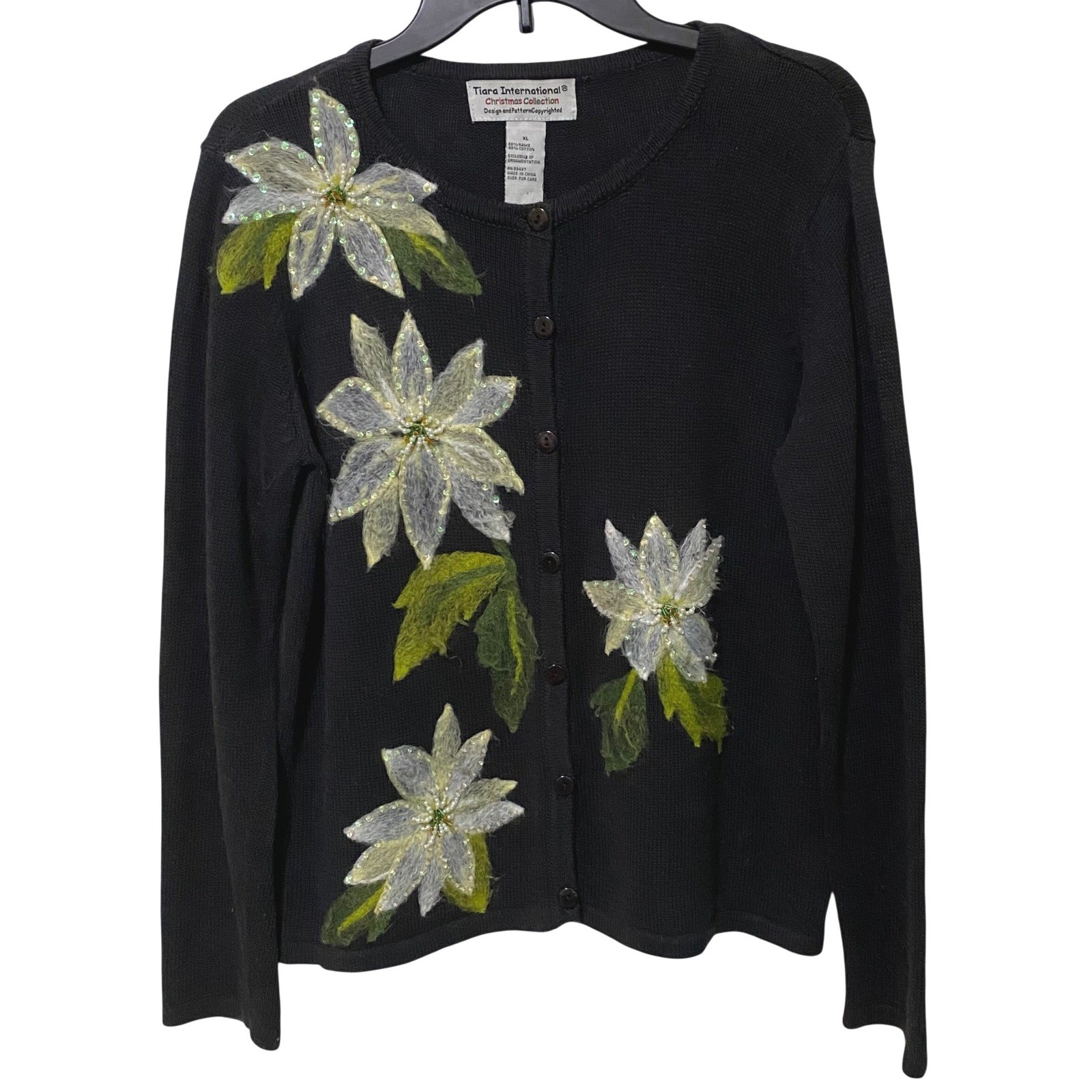 Vintage 80s Holiday Christmas Cardigan Sweater Poinsettia XL Dark Gray Beaded
