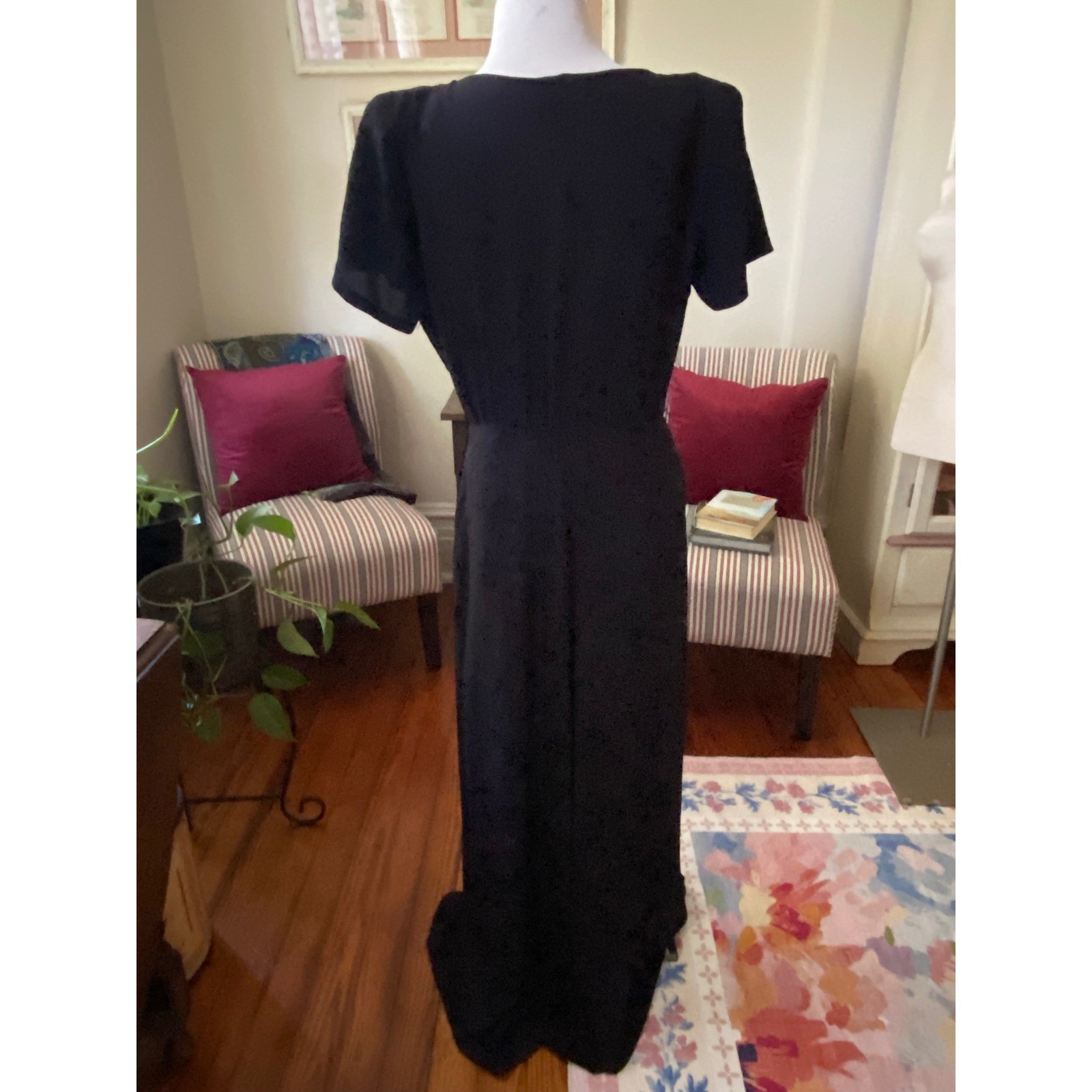 Vtg 30’s dress Floral Neckline Maxi Gown with Hip Bow Detail Black Sz S art deco