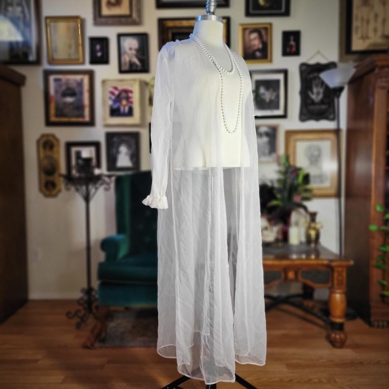 Vintage 80s Sheer White Robe Housecoat Lingerie Duster Open Front Romance Medium