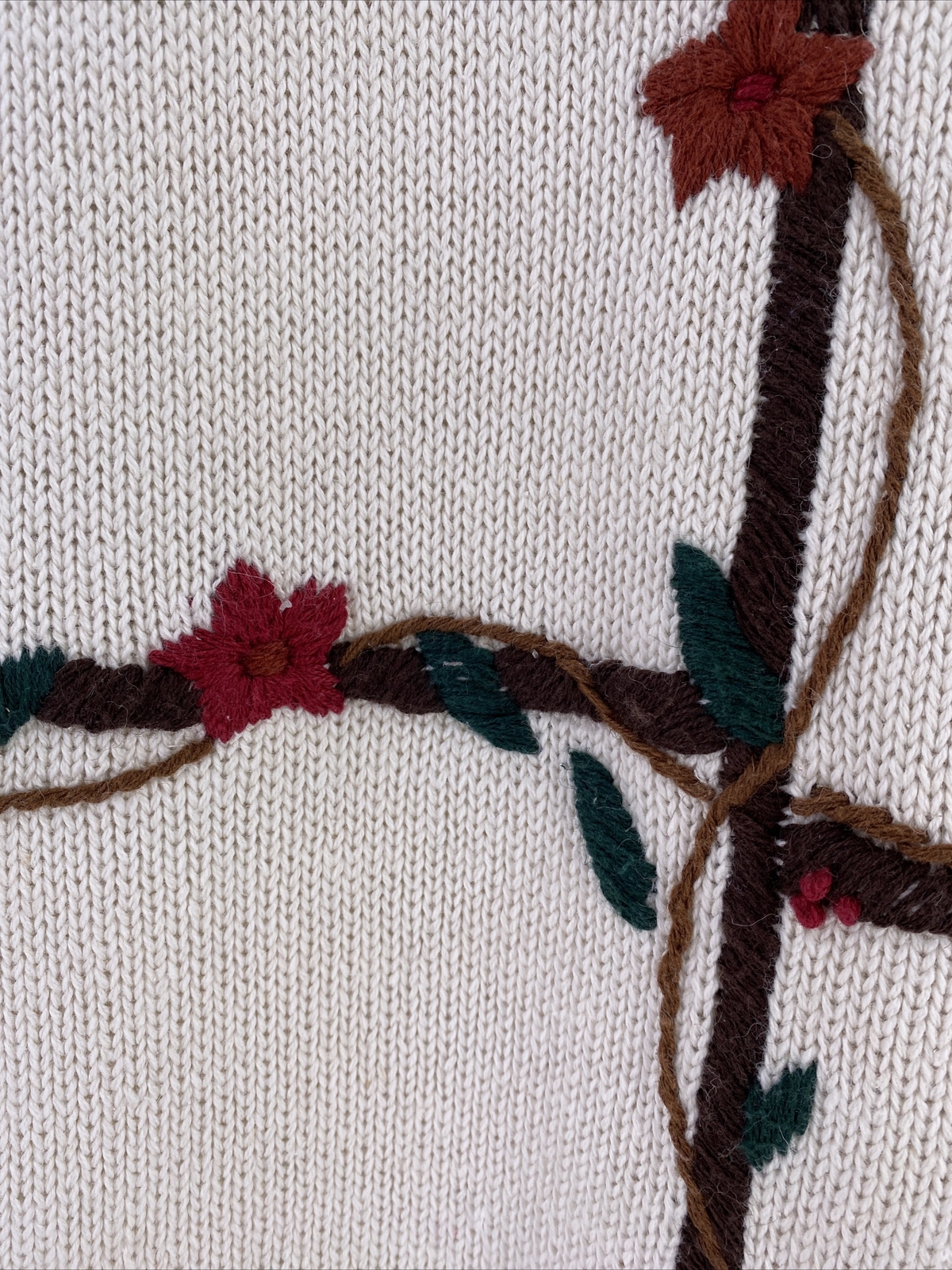Vtg Cotton Collectables L Sweater Cream Embroidered Floral Vines Crochet Trim