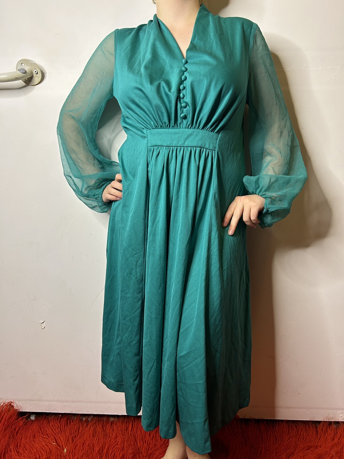 Vintage 1980s does 70s Teal Midi Caftan Dress Chiffon Sleeves Prairie Boho AU 14