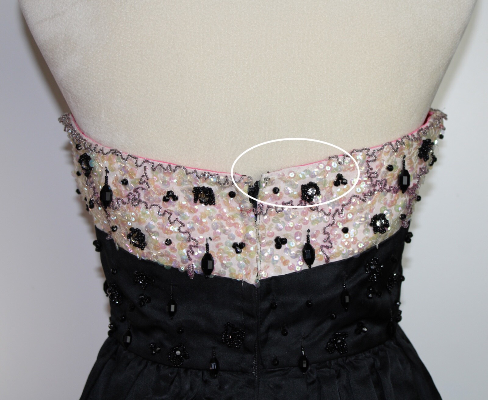 VTG Black Satin Sleeveless Dress Ivory Bodice Beaded Sequin Conmatic Zipper XS/S