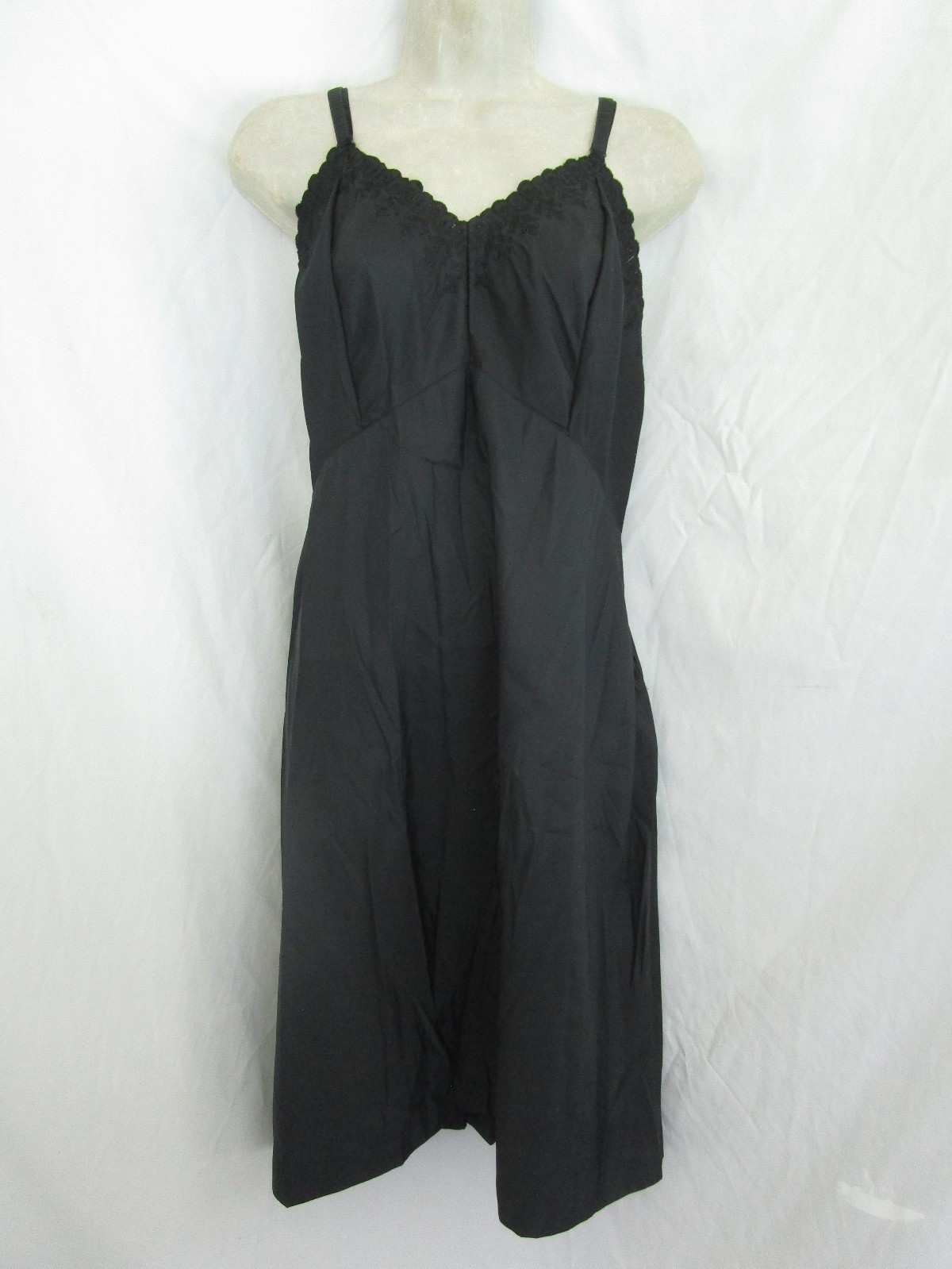 Vtg Pembrooke Black Noisy Poly Nylon Pinup Dress Slip Side Zipper Full Figure 40